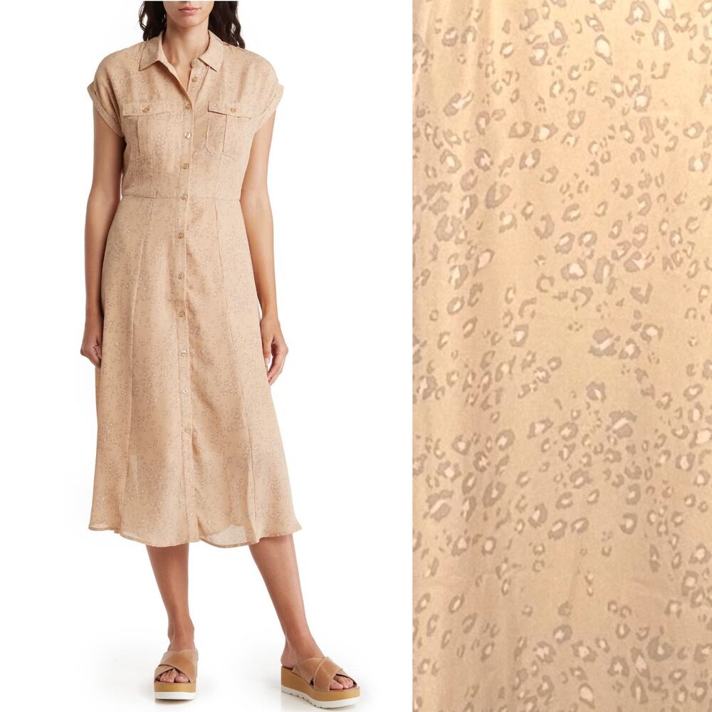 LUCKY BRAND Button Front Leopard Short Sleeve Midi Shift Dress Brunch Beige